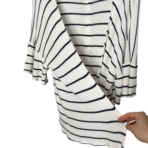Altar’d State White & Navy Blue Striped Ruffle Sleeve Button Back Cardigan - Picture 6 of 9